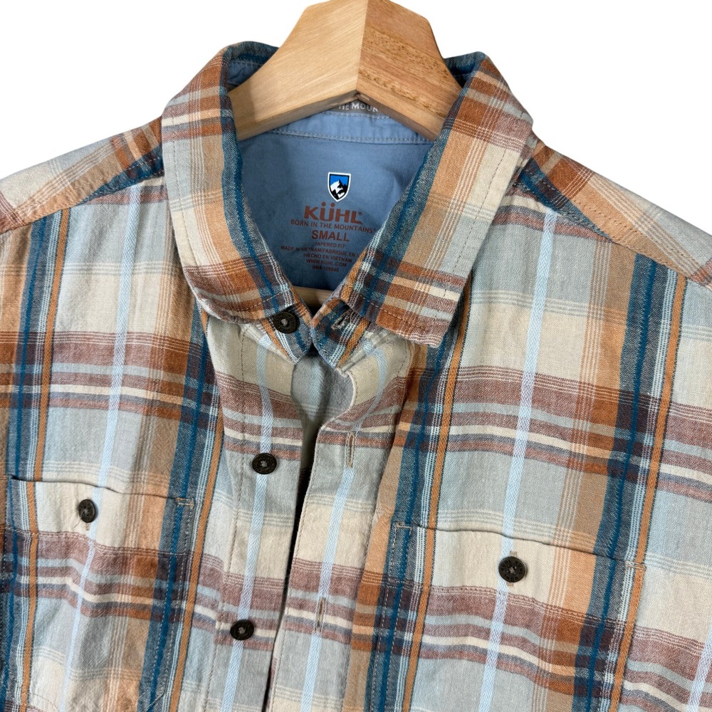 KUHL Response Short Sleeve Plaid Shirt Tapered Fit Linen Cotton Orange‎ Blue S